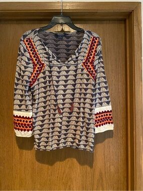 Lucky Brand Navy, Cream & Red Geometric Peasant Tunic